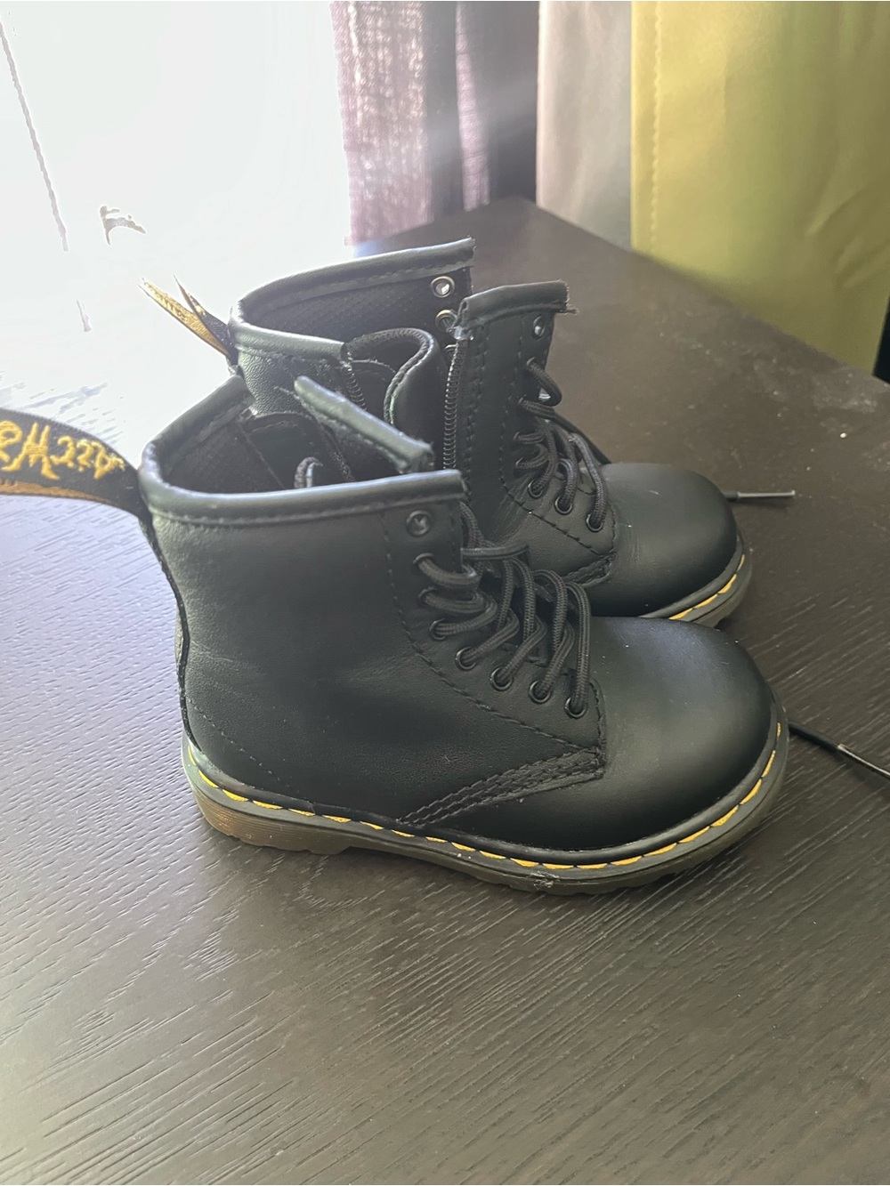 Dr. Martens Black toddler Lace-Up Ankle Boots with Yellow Stitching